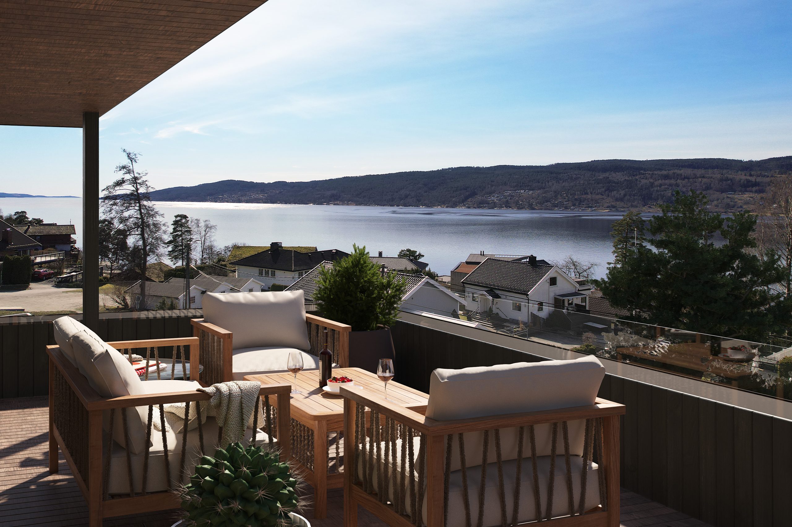 Harestien — visualisering av balkong med fjordutsikt