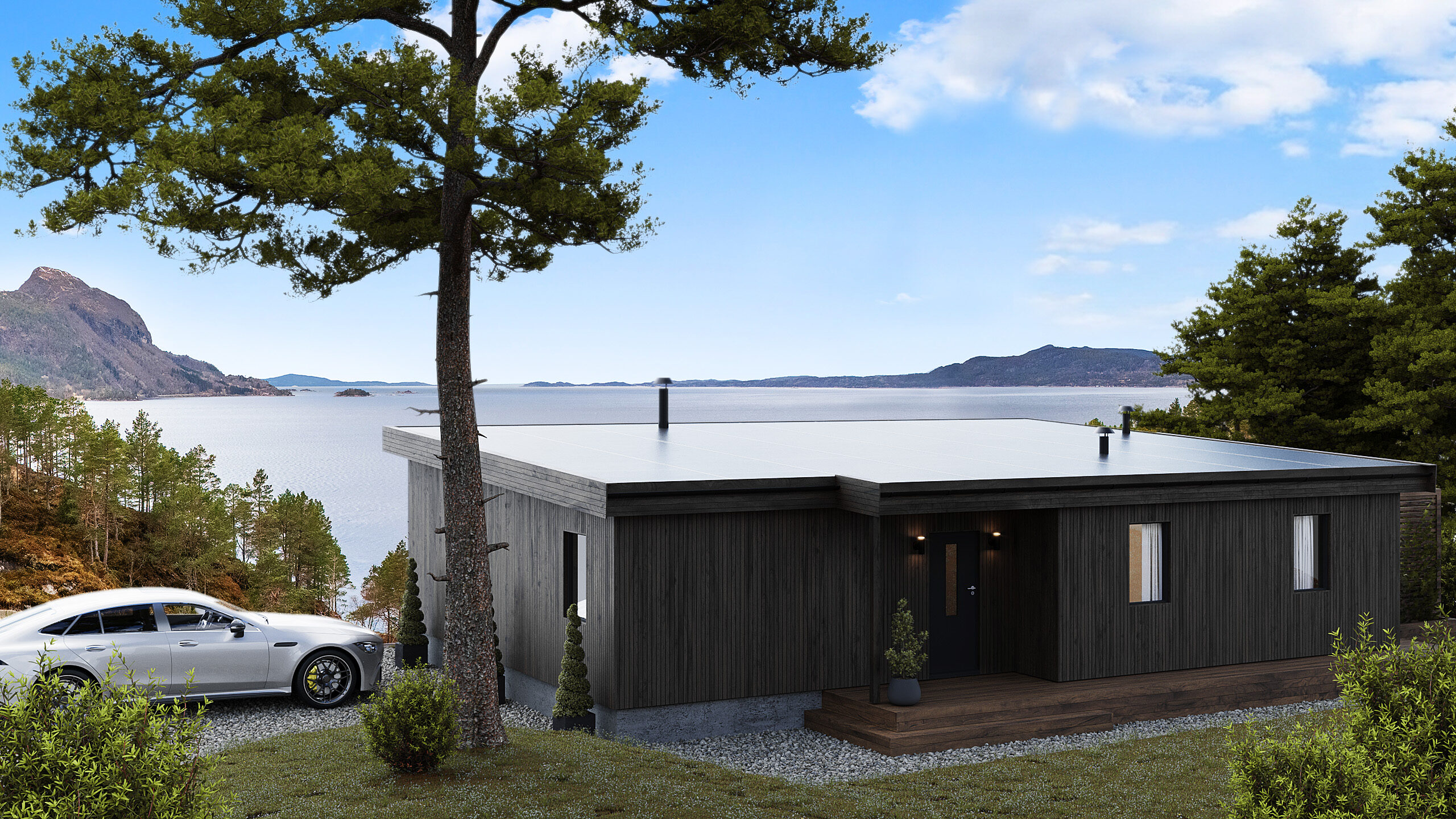 Storvika — arkitekturvisualisering av bolig med fjordutsikt