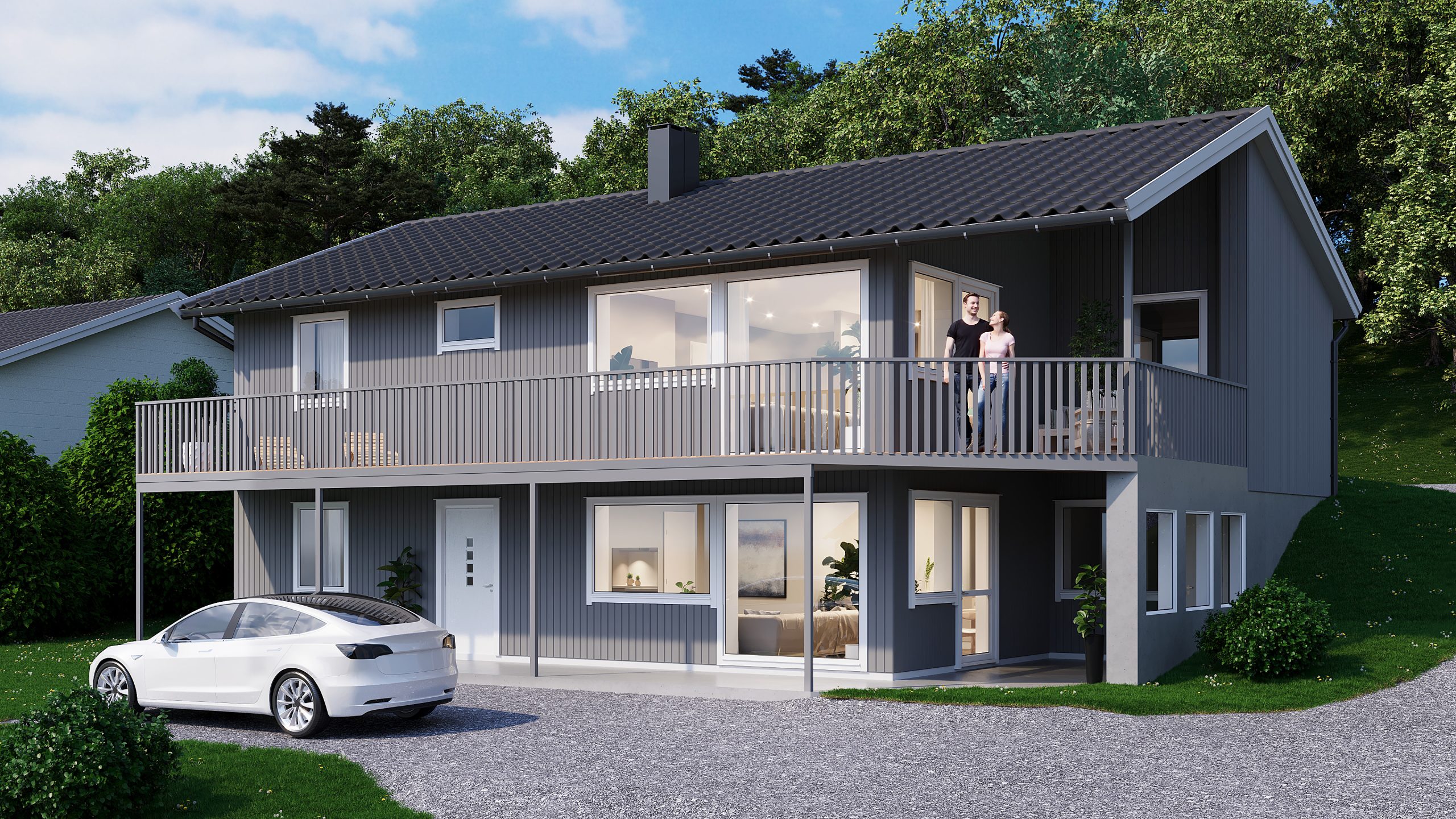 Mogeilan — fasadevisualisering av moderne bolig med carport og balkong