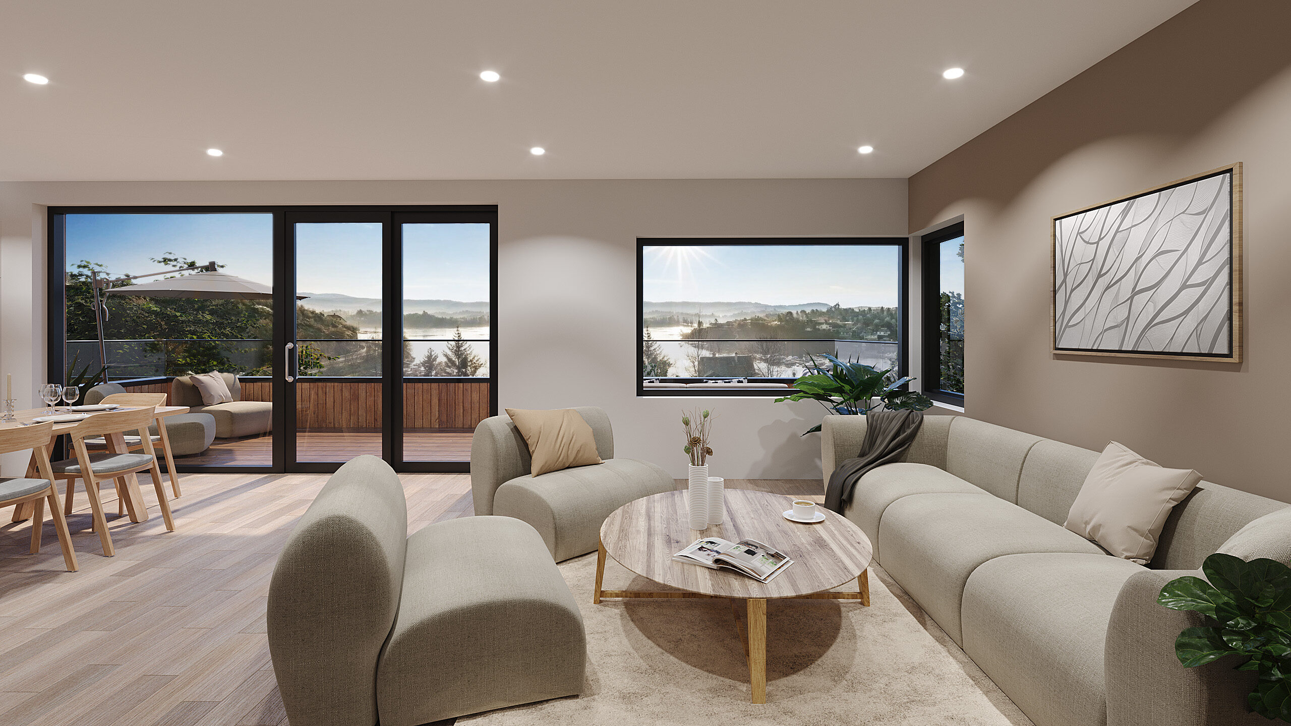 Straumeveien — 3D-render av stue med panoramautsikt